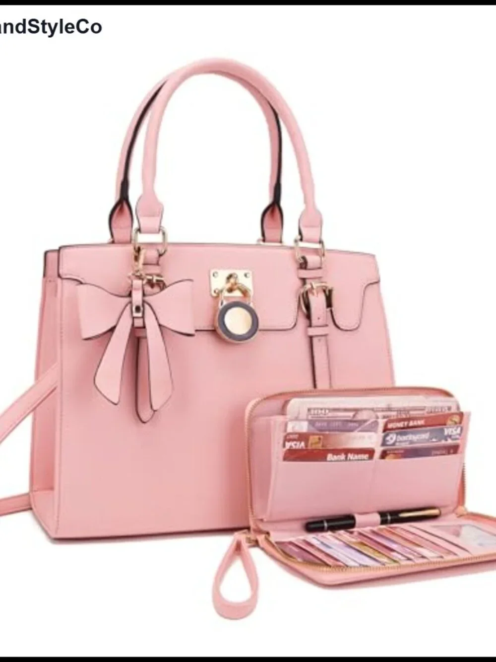 Women Vegan Leather Satchel Tote Handbag Wallet Set with Gold Hardware